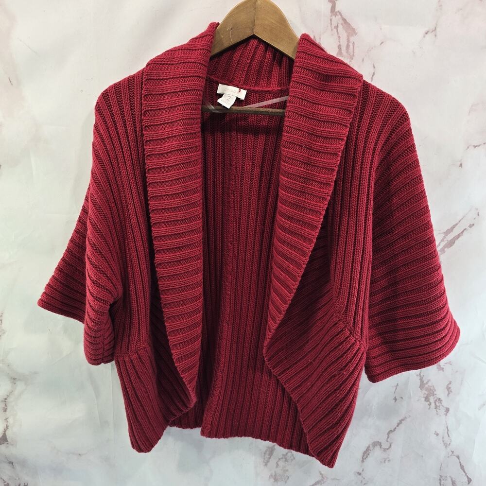 Chicos Cardigan Womens Large Red Ribbed Open Short Sleeve Foldover